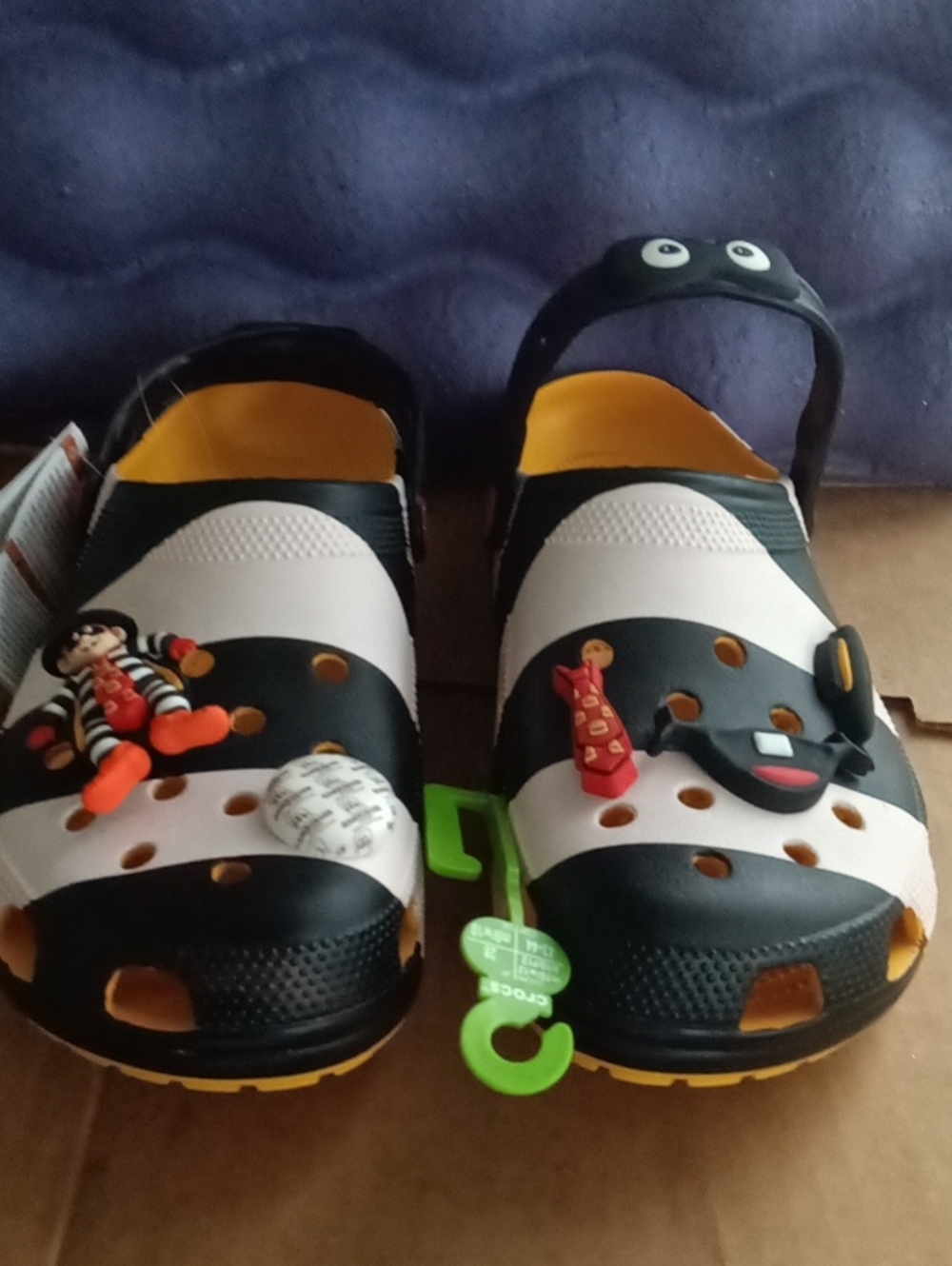 Unisex Croc McDonald's Black and White Stripe Clog Sandals with Yellow Lining